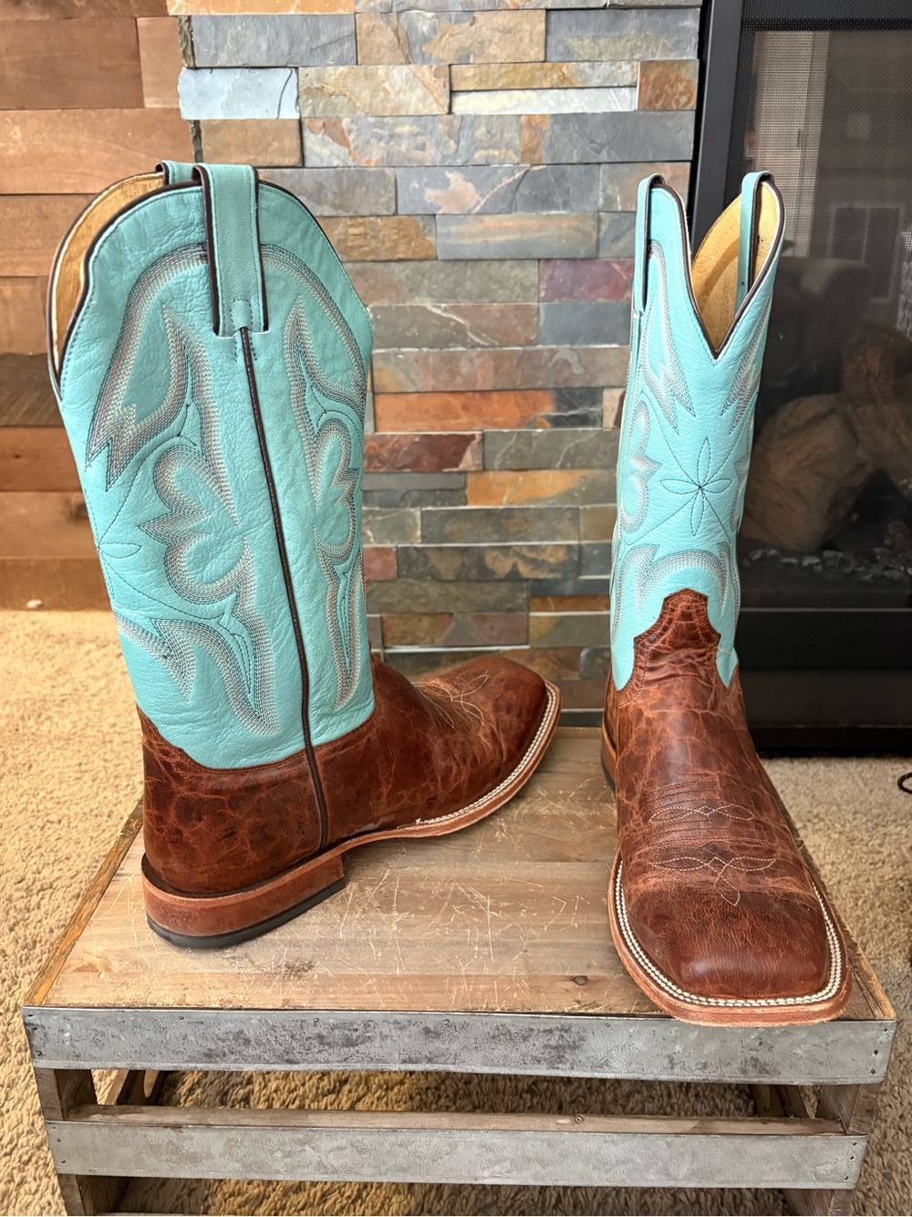 Tony Lama Brown Foot Turquoise Shaft Western Boots